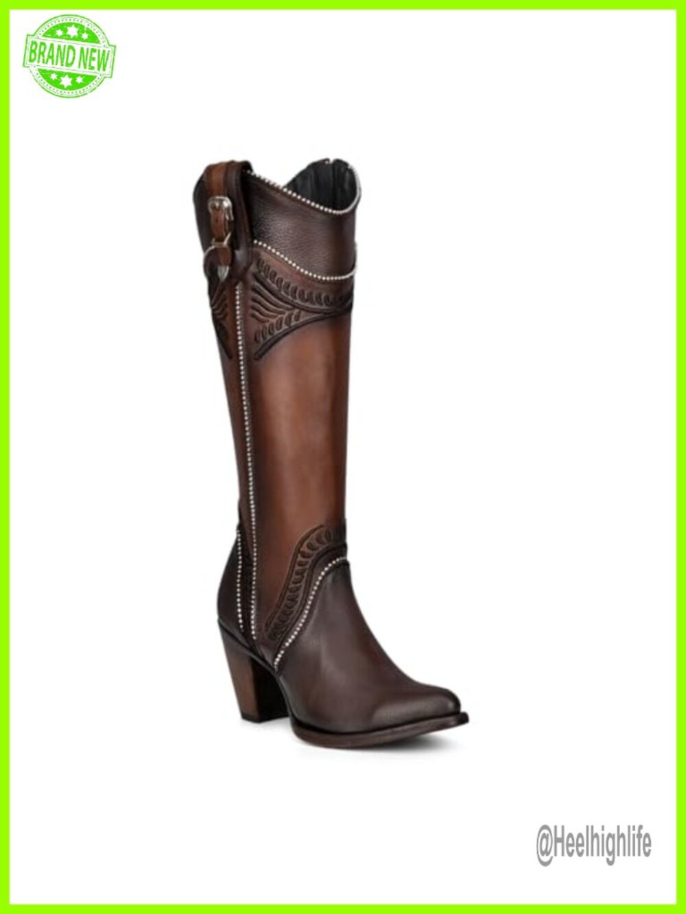 Bovine Leather Tall Western Boots Pointed Toe Block Heel Side Zip